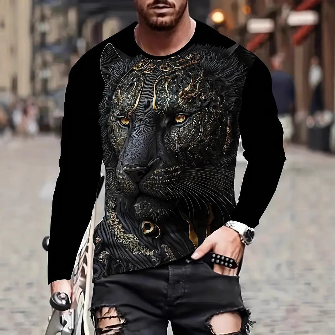 European and American Cross-Border Amazon Foreign Trade Men's Animal Fashion3D Digital Printing Casual Round Neck Long Sleeves T T-Shirt Wholesale