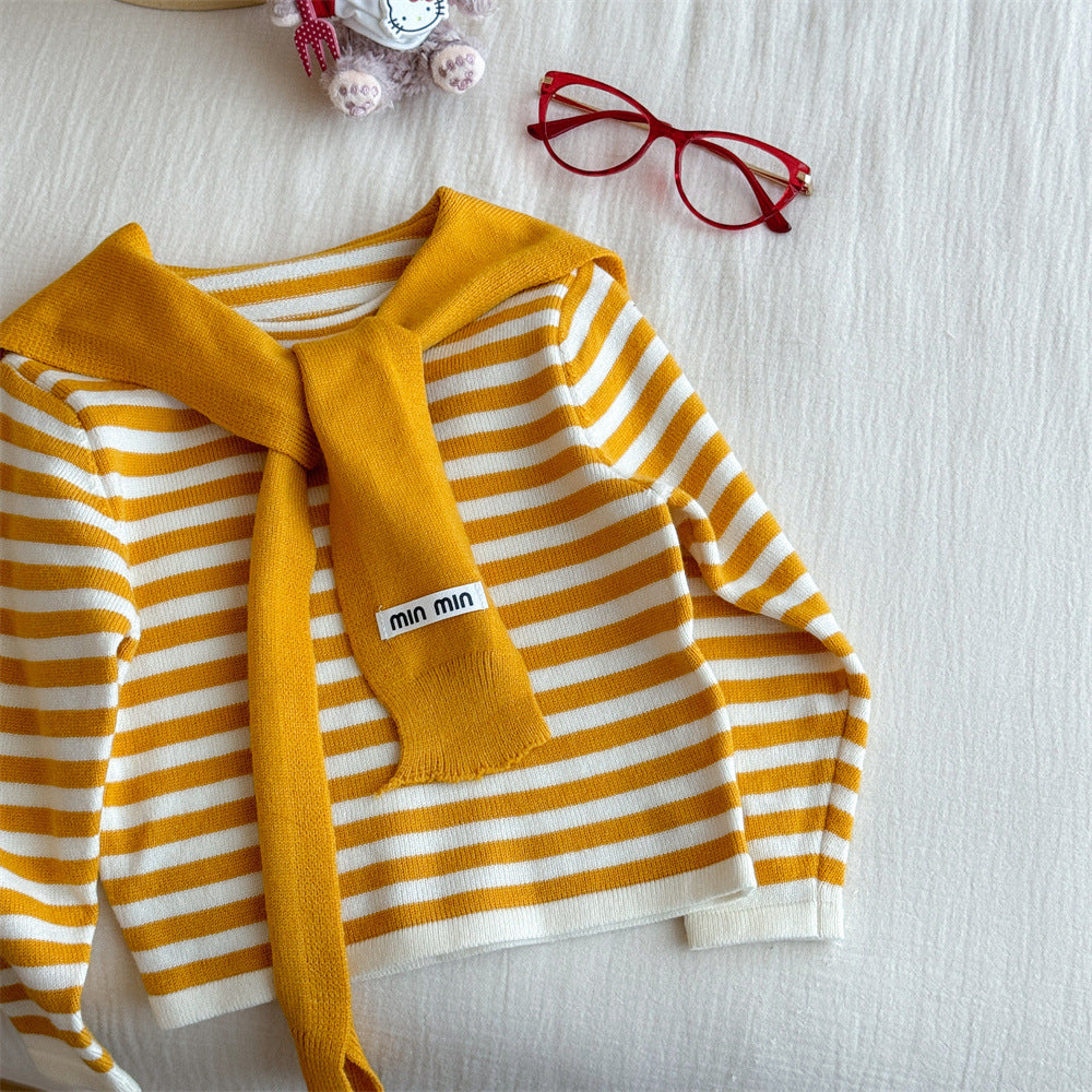 Girls' Striped Shawl Knitted Base Shirt for Outerwear, Autumn New Fashionable Color-Block Round Neck Long Sleeve T T shirt
