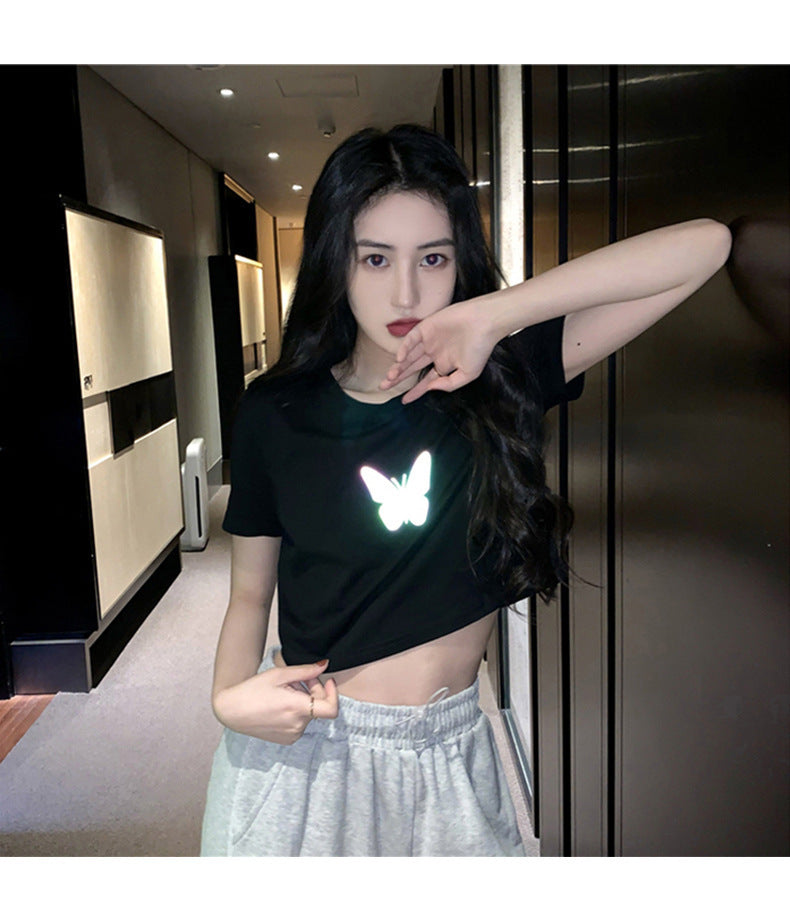 Summer2025New Year's Trendy Internet Celebrity Couple Outfit Reflective Butterfly Short Sleeve t Women's Summer T-shirt ins Super Popular Short Top