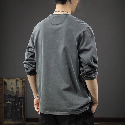 2025New casual men's pure cotton long sleeves t Loose Thin Spring Autumn Trendy Brand Henley Collar Base Shirt Sweatshirt