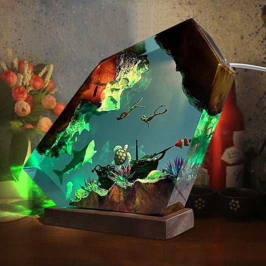 Great White Shark Sea Turtle Diver Resin Night Light Wooden Crafts Christmas birthday creative small gifts