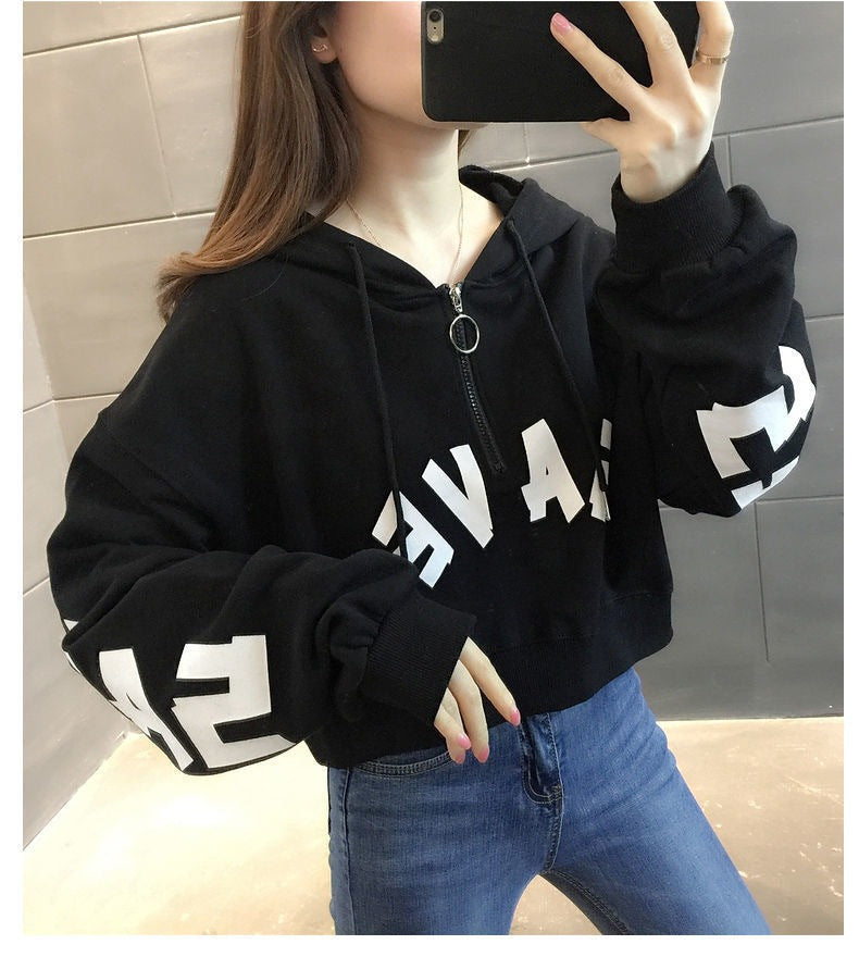 Half Zipper Hooded Short Petites Sweatshirt Women2025New Early Autumn Thin High-Waisted Stylish Streetwear Jacket Trend
