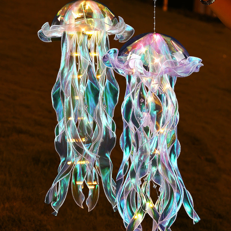 New Handheld Glowing Jellyfish Lantern with Colorful Streamers, Flashing Night Light for Children, Street Stall Night Market Octopus Light Toy