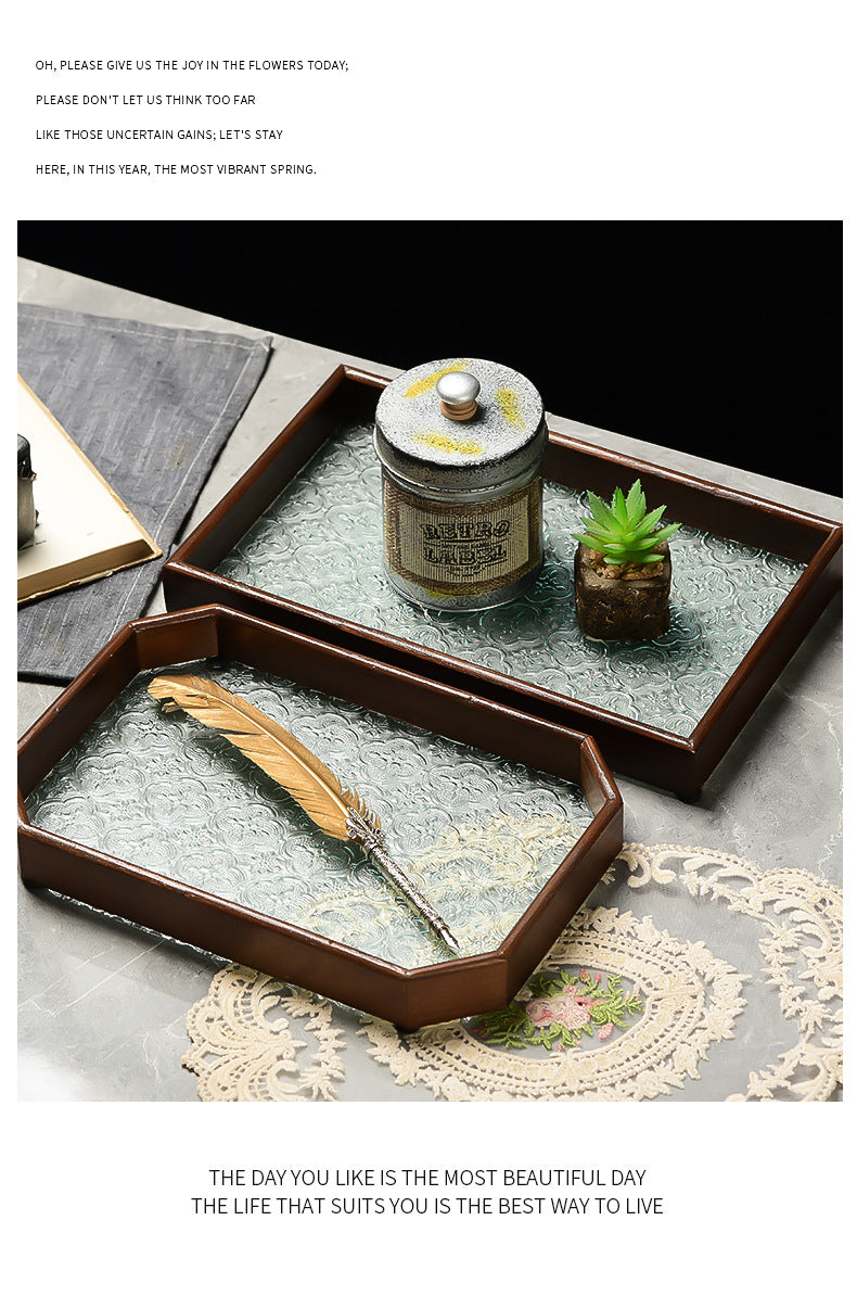 Begonia Embossed Glass Tray Walnut Color Rectangular Tea Tray Storage Ornaments Tea Water Cup Fruit Snack Plate