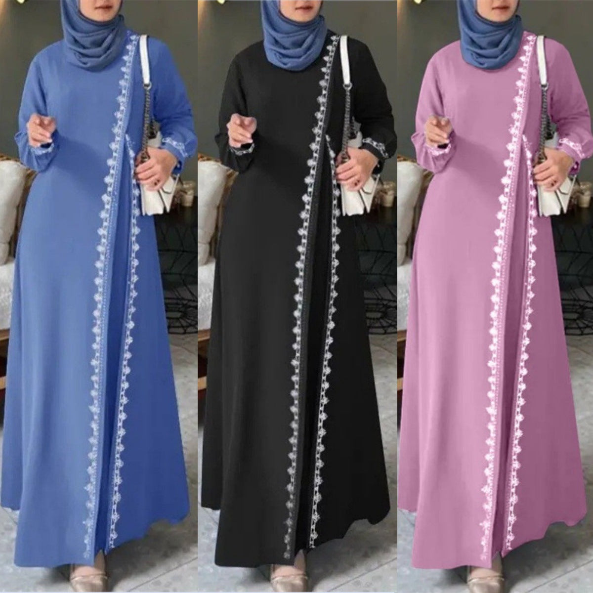 H726#Muslim Women's Clothing Lace Long Robe Dress Fashion Long Sleeve Vest Women's Spring Casual Dress