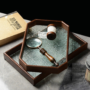 Begonia Embossed Glass Tray Walnut Color Rectangular Tea Tray Storage Ornaments Tea Water Cup Fruit Snack Plate