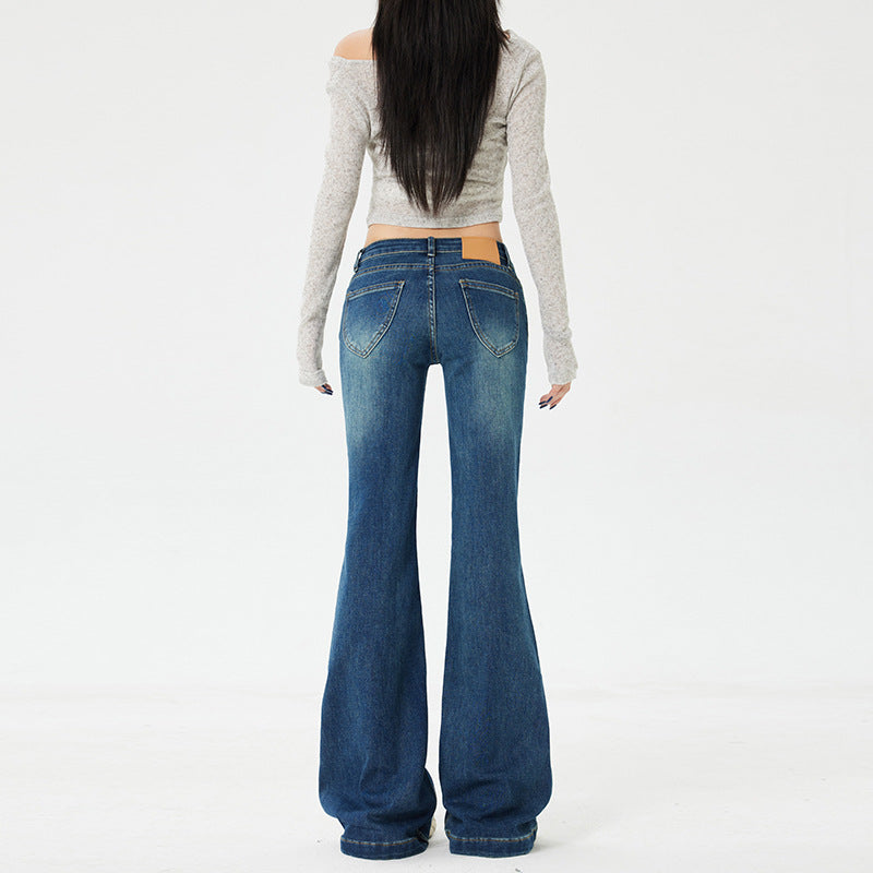 American Style Spicy Girl Retro Flared Jeans for Women Spring and Autumn2025New dark blue low-waist wide-leg floor-length pants