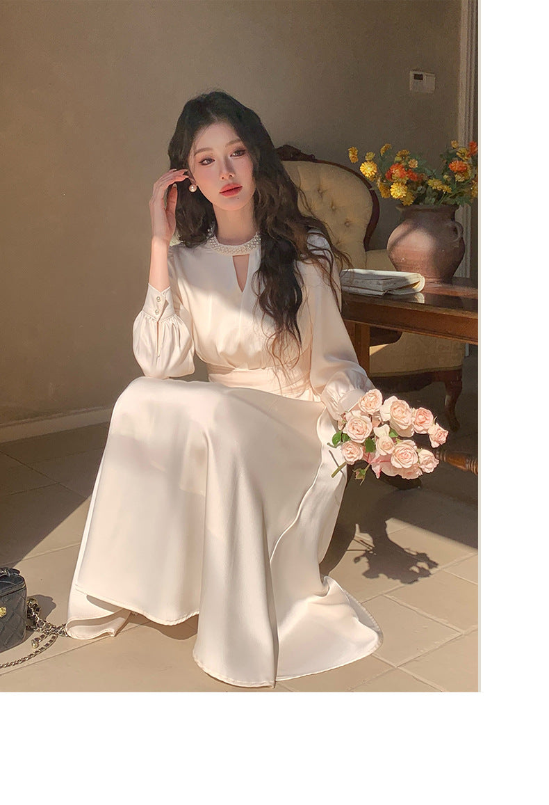 French A Line skirt2025Spring and Summer New Women's Long Sleeve Dress Waist Slimming Elegant Acetate Satin Long Dress