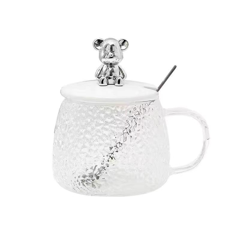 Creative Hammered Bear Glass Cup for Women ins High-Quality Aesthetic Water Cup with Lid for Home Use, Transparent Breakfast Milk Cup