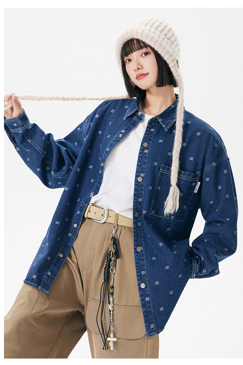 Pattern Jacquard Blue Denim Jacket Men Spring and Autumn Loose Casual Washed Shirt Long Sleeve Shirt Unisex
