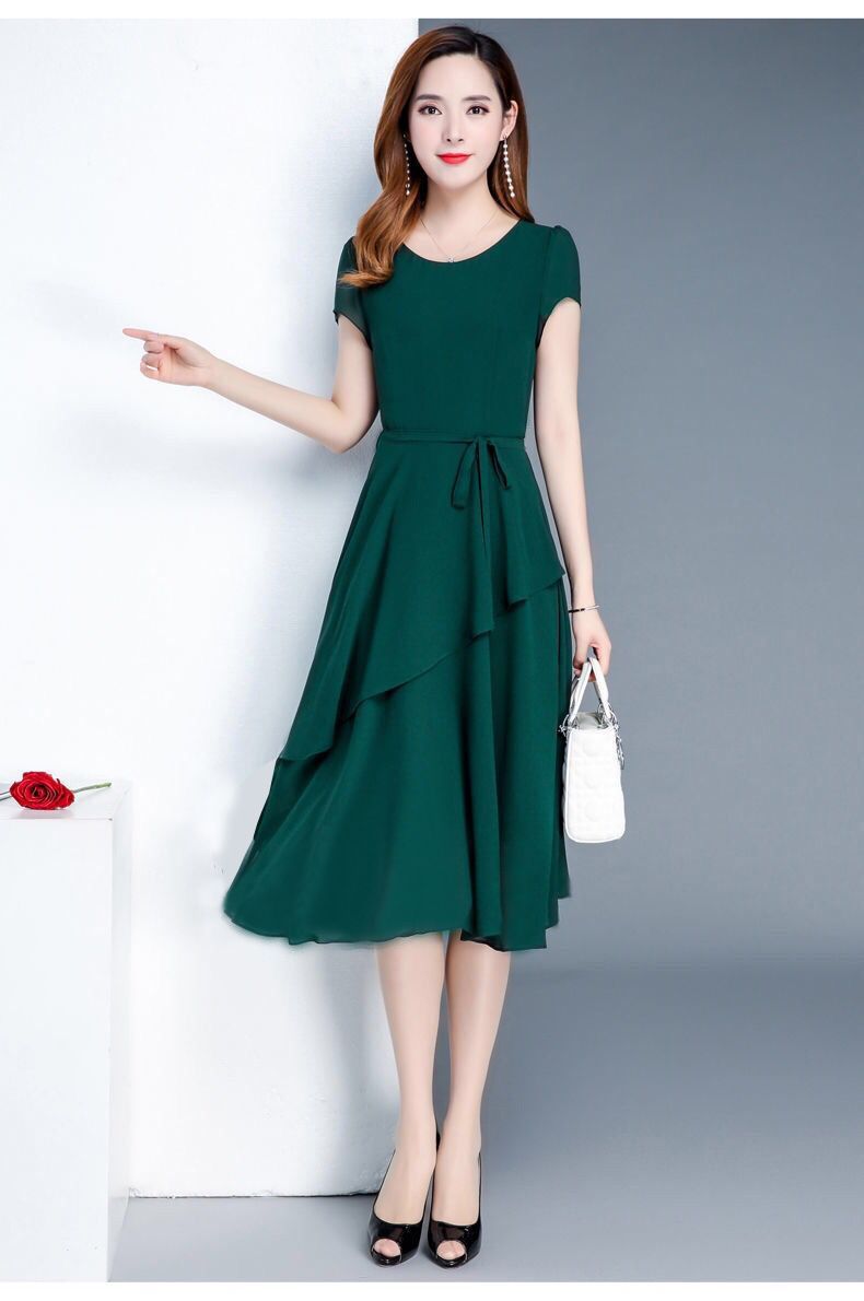 Summer New Fashionable Slimming Age-Reducing Skirt Elegant Mid-Length Style a Round Neck Plus Size Loose Women's Dress