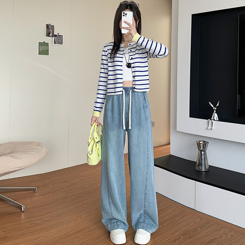 Tencel Jeans for Women Summer Thin Elastic Waist High Waist Draped Large Size Loose Straight Side Seam Front-Moved Wide-Leg Pants