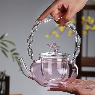 Teapot with Pink Handle Butterfly Teapot High Borosilicate Heat-Resistant Glass Teapot Electric Ceramic Stove Special Tea Brewing Teapot Flower Tea Teapot
