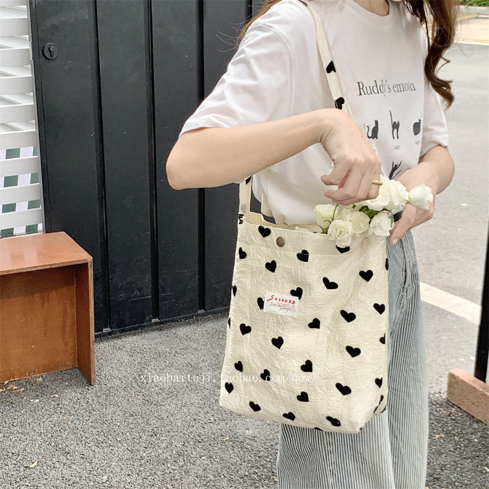 Little White Rabbit Desk New Textured Heart Canvas Single Shoulder Vest Bag Large Capacity Handbag for Women Underarm Small Win Shuo
