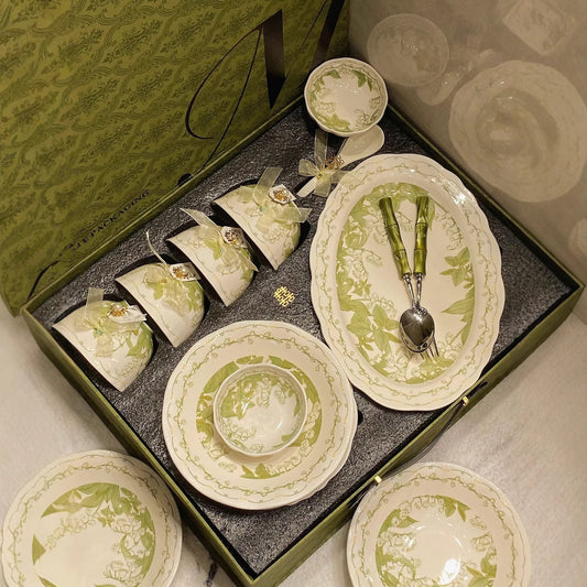 Lily of the Valley Bowl and Plate Set Household Ceramic Tableware Set Pastoral Style High-Value Underglaze Color Vegetable Plate Soup Plate Bowl and Chopsticks