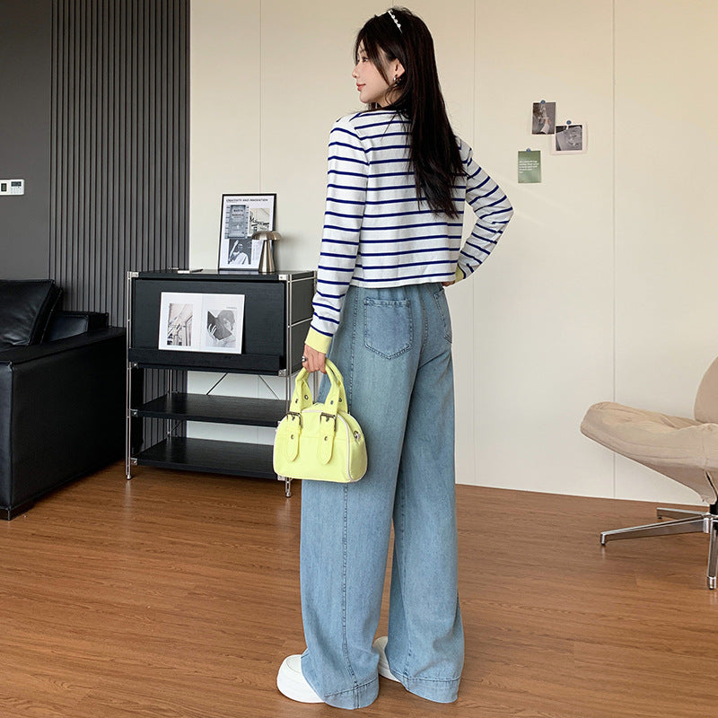 Tencel Jeans for Women Summer Thin Elastic Waist High Waist Draped Large Size Loose Straight Side Seam Front-Moved Wide-Leg Pants