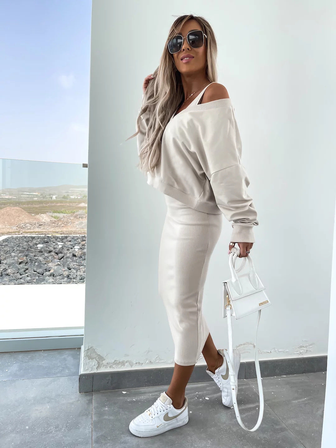 Amazon European and American Cross-Border New Spring Summer Women's Solid Color Clothing V Collar Long Sleeve Sweater Sling Slim Fit Long Dress2Set