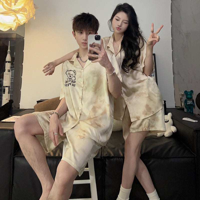 Wholesale Thin Couple Pajamas for Women Spring Autumn Summer Ice Silk Homewear Summer Men's Hot Short Sleeve Shorts Set
