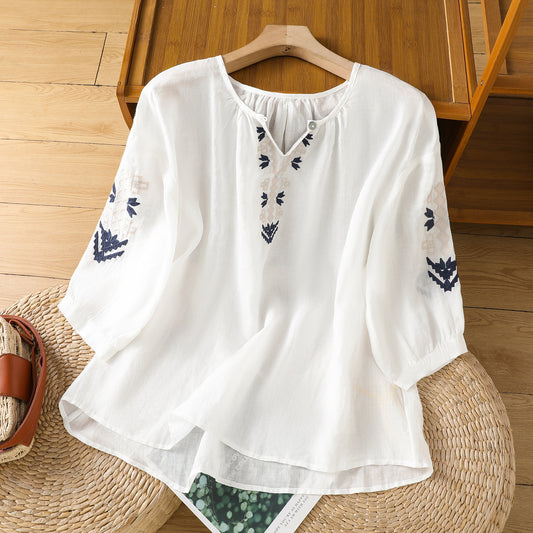 2025Summer New Vacation Ethnic Style Ramie Embroidered Round Neck Shirt for Women Loose Sun Protection Versatile Air Conditioning Shirt