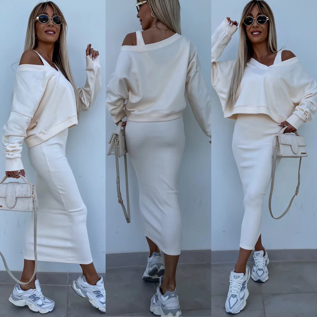 Amazon European and American Cross-Border New Spring Summer Women's Solid Color Clothing V Collar Long Sleeve Sweater Sling Slim Fit Long Dress2Set