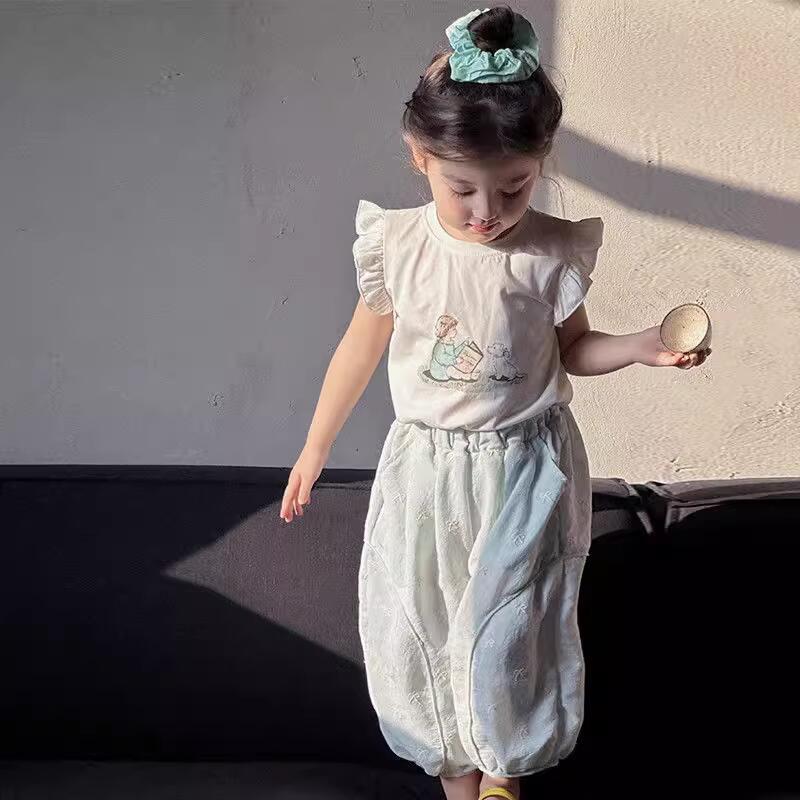 Sweet Little Girl Summer New Cute Lace Cartoon Vest and Jogger Anti-Mosquito Pants Two-Piece Set Trendy