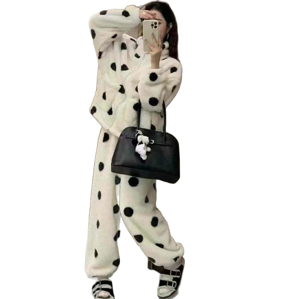 Cute Polka Dot Couple Homewear Autumn Winter Coral Fleece Thickened Zipper High Neck Homewear Set Suitable for Outerwear