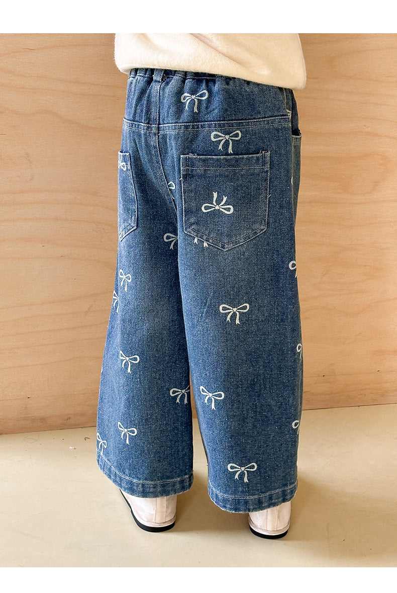 Girls' Pants Bowknot Print Jeans Wide Leg Straight2025Autumn New Fashionable and Stylish for Girls and Young Children