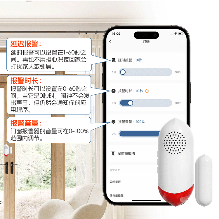 wifi Smart Sound and Light Sensor Door Magnetic Alarm Tuya Door and Window Intrusion Alert Anti-theft Alarm