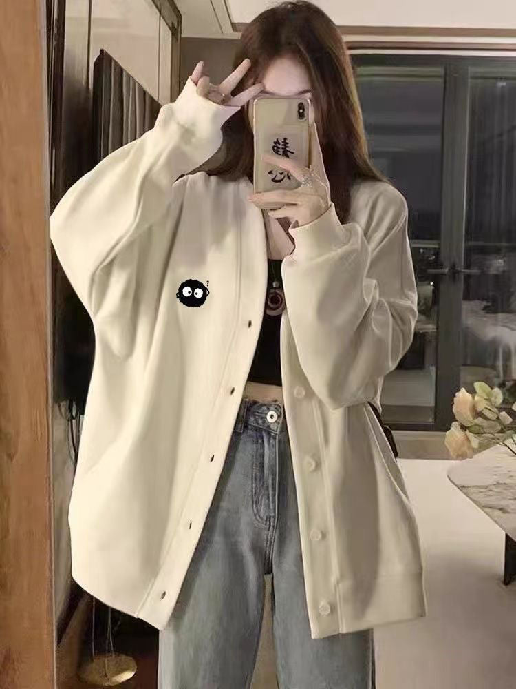 Cardigan Sweatshirt Jacket Women Baseball Jacket Loose Versatile Embroidery V Lazy Style Couple's Collared Top