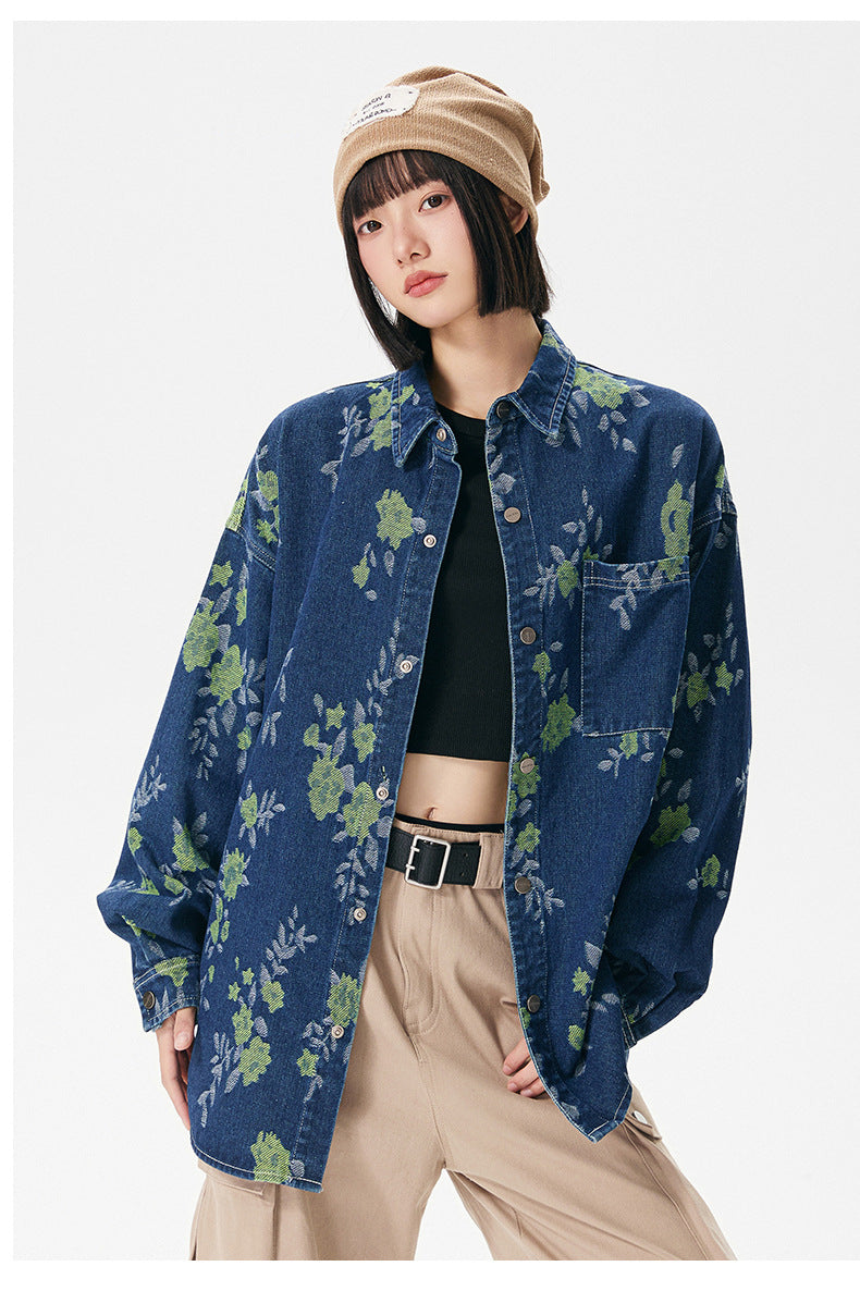 Pattern Jacquard Blue Denim Jacket Men Spring and Autumn Loose Casual Washed Shirt Long Sleeve Shirt Unisex