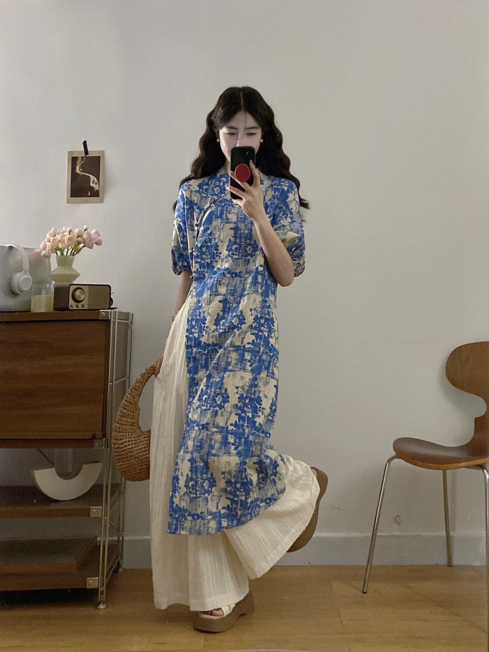 New Chinese Style National Style Set Gentle Temperament Super Beautiful Blue Floral Long Top Casual Long Pants Two-Piece Set