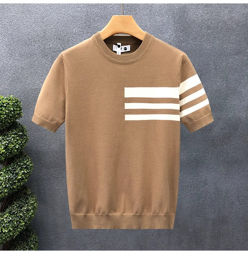 2025New Short Sleeve Knitted Shirt for Men, Striped, Simple, High-End Business, Mature, Slim Fit, Ice Silk T Men's Shirt