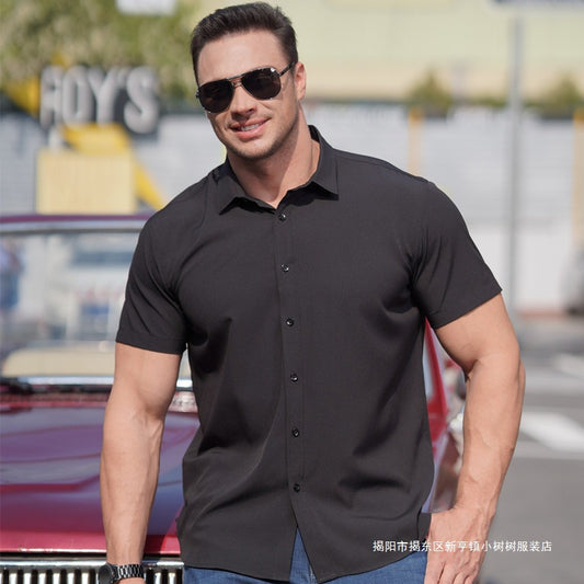 Plus Size Men's Clothing Fat Guy Summer Thin Short Sleeve Shirt Fat Brother Business Casual Loose Slightly Elastic Solid Color Professional Shirt