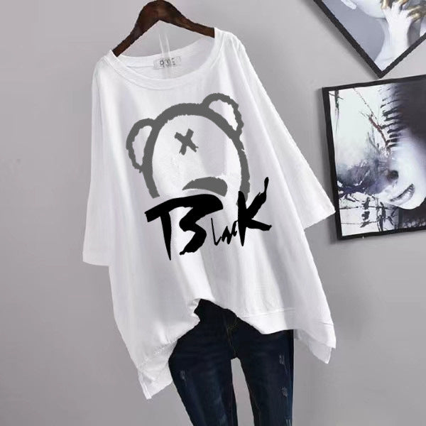 200Plus Size Women's Summer Leaf Print Casual Split Mid-Length Short Sleeve Dress T Women's Loose Fit Plus Size Shirt