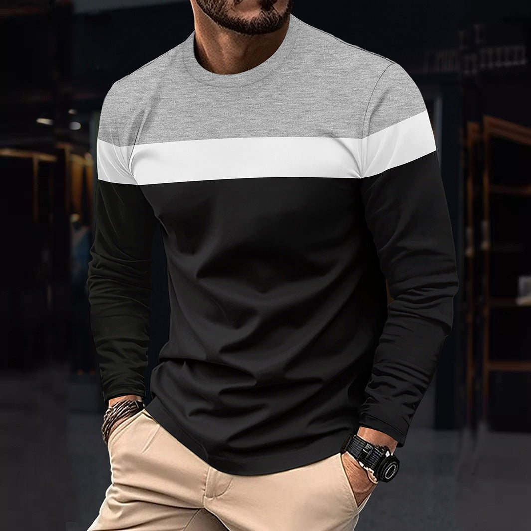 Cross-Border Trade Plus Size Autumn Winter Men's Crew Neck Long Sleeve Color Block Base Shirt Pullover Thin Long Sleeve T Men's T-shirt