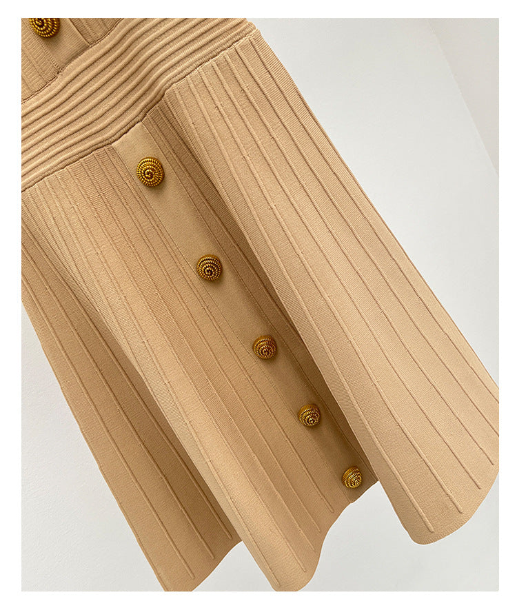 Amphiona2025New Style with a Sense of Luxury V Collar Sleeveless A Slim Fit Waist Cinching Gold Button Striped Knitted Dress