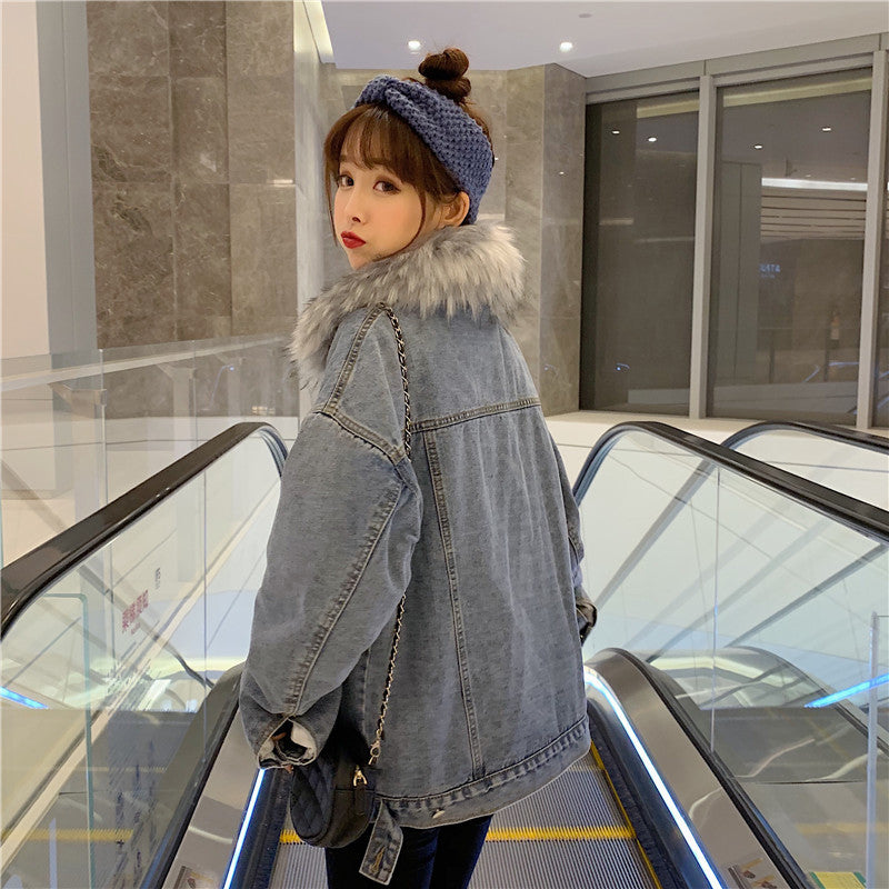 Cross-Border2022Winter New Korean Style Loose Thickened Fleece Rabbit Fur Inner Large Fur Collar Denim Jacket Women's Cotton Coat