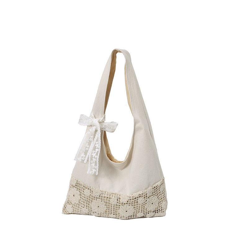Design Summer Vacation Style Large Capacity Beach Bag Niche Lace Canvas Underarm Bag Women's Floral Single Shoulder Tote Bag