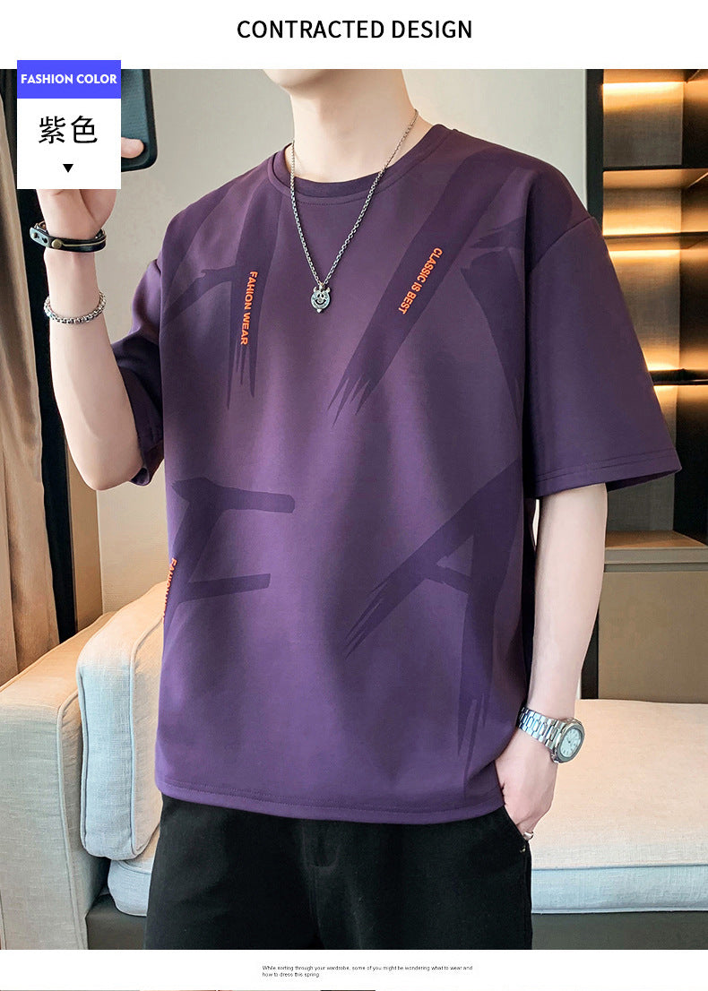 Summer Trendy Hong Kong Style Men's Printed Round Neck Short Sleeve T T-shirt Plus Size Loose Casual T-Shirt for Overweight Men