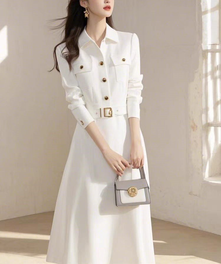 Elegant Socialite Goddess Style High-End White Shirt Dress for Important Occasions Spring and Autumn