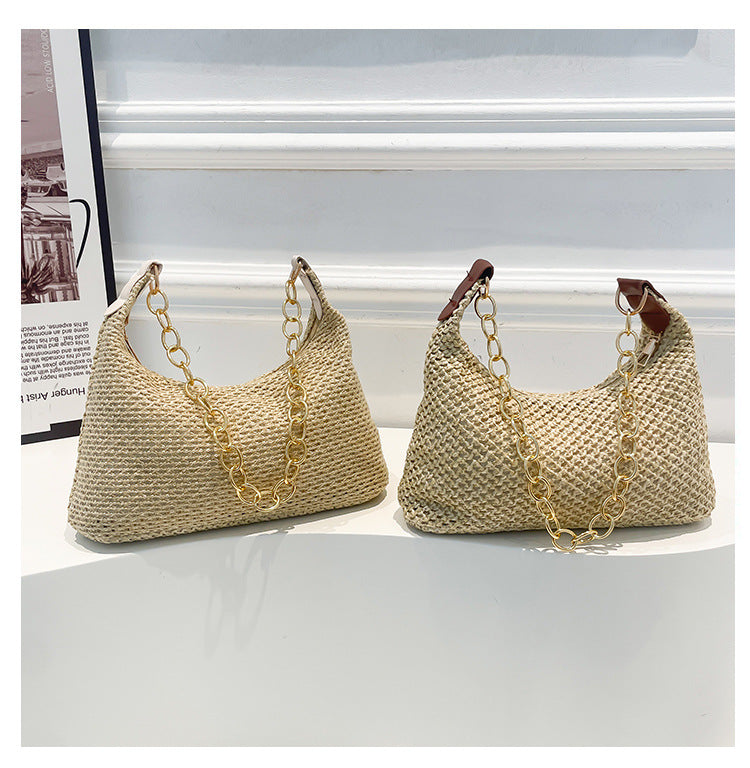 South Korea ins Vintage Woven Tote Bag Straw Bag Large Capacity Underarm Bag Shoulder Bag Vacation Style Beach Bag for Women