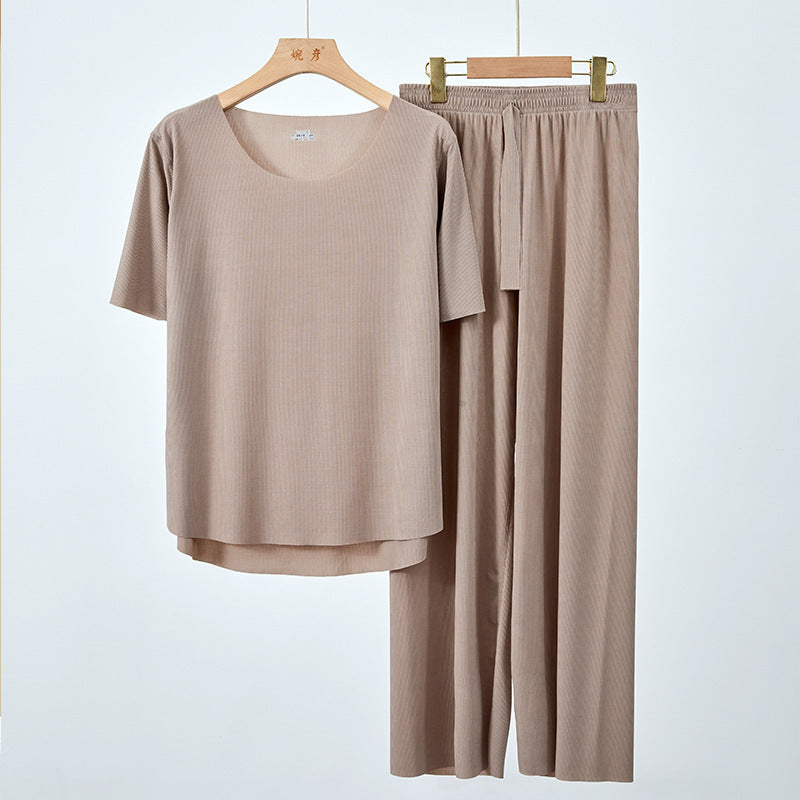 Couple Pajamas Women's Round Neck Short Sleeve Pajama Set Summer Shorts Men's Thin Seamless Ice Silk Homewear Wholesale
