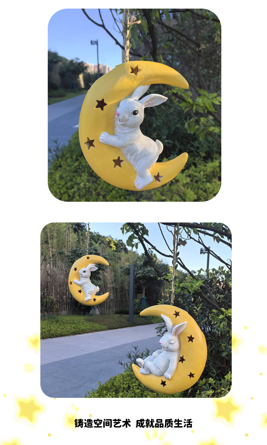 Cute Rabbit Moon Solar Pendant Outdoor Garden Courtyard Tree Hanging Balcony Pipe Kindergarten Decoration Ornament