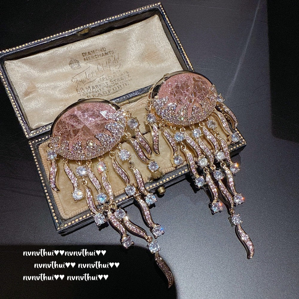 Sparkling Paphos Cloud Pattern Jellyfish Tassel Gemstone Earrings The Joy of a Rich Woman Egg-shaped Princess Pink Earrings