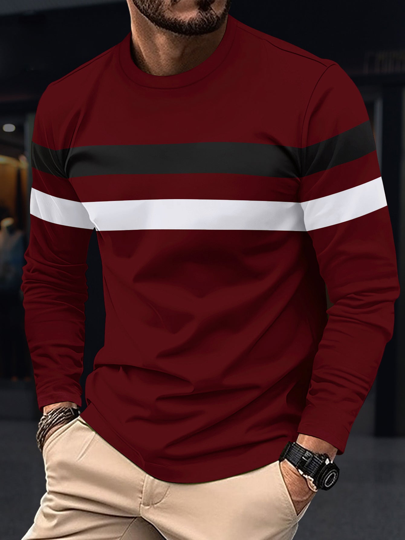 Cross-Border Trade Plus Size Autumn Winter Men's Crew Neck Long Sleeve Color Block Base Shirt Pullover Thin Long Sleeve T Men's T-shirt