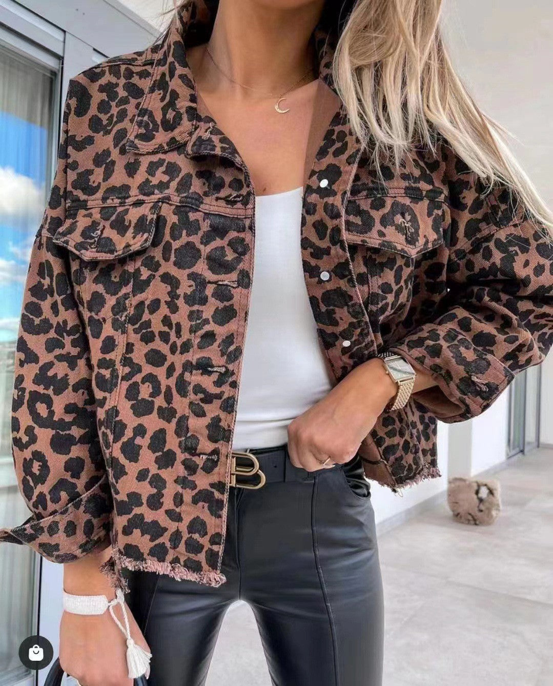 2024Amazon European and American Cross-Border Hot Trendy Washed Vintage Leopard Print Frayed Denim Jacket for Women