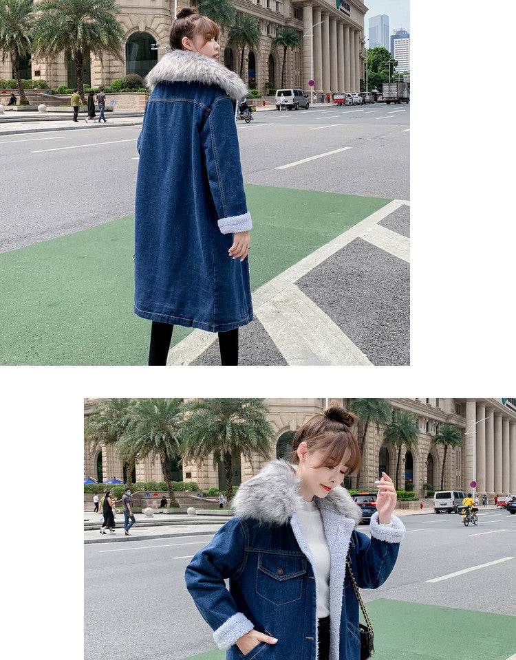2022Winter New Mid-Length Large Fur Collar Fleece-Lined Lamb Wool Denim Jacket for Women Loose Casual Cotton Coat