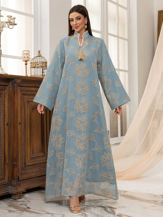 Cross-Border New Leaf Embroidery Tassel Middle Eastern Muslim Clothing Long Dress Fashion Elegant Cover-Up Dress Robe