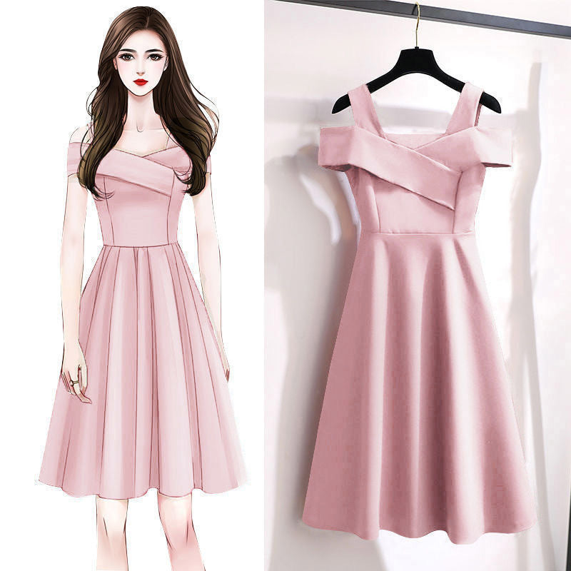 Cross-Border2025New Plus Size Off-Shoulder Elegant Dress for Plus Size Women Fashionable Tummy Covering Slimming Waist Dress Trendy