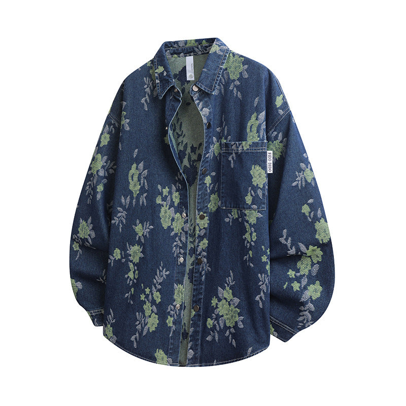 Pattern Jacquard Blue Denim Jacket Men Spring and Autumn Loose Casual Washed Shirt Long Sleeve Shirt Unisex